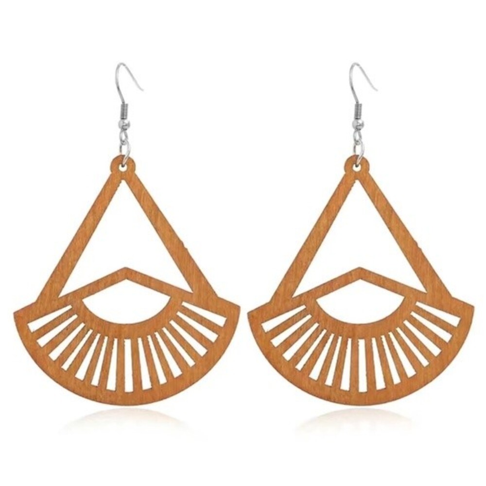 New- Geometric Art Deco Fan Big Wooden Drop Dangle Earrings